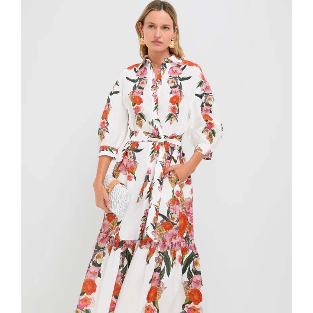 NEW Borgo de Nor Summer Blooms Bianca Linen Dress - Size Medium